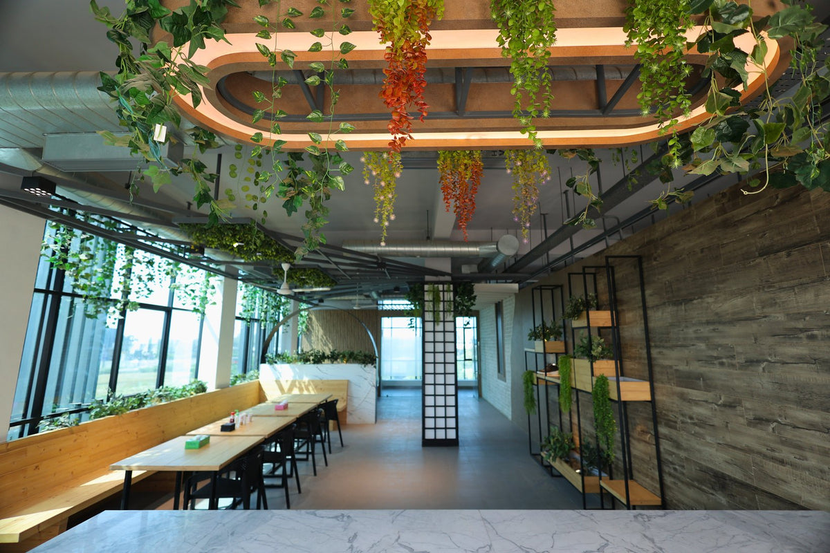 The AFPL atrium canteen, with long tables and hanging plants