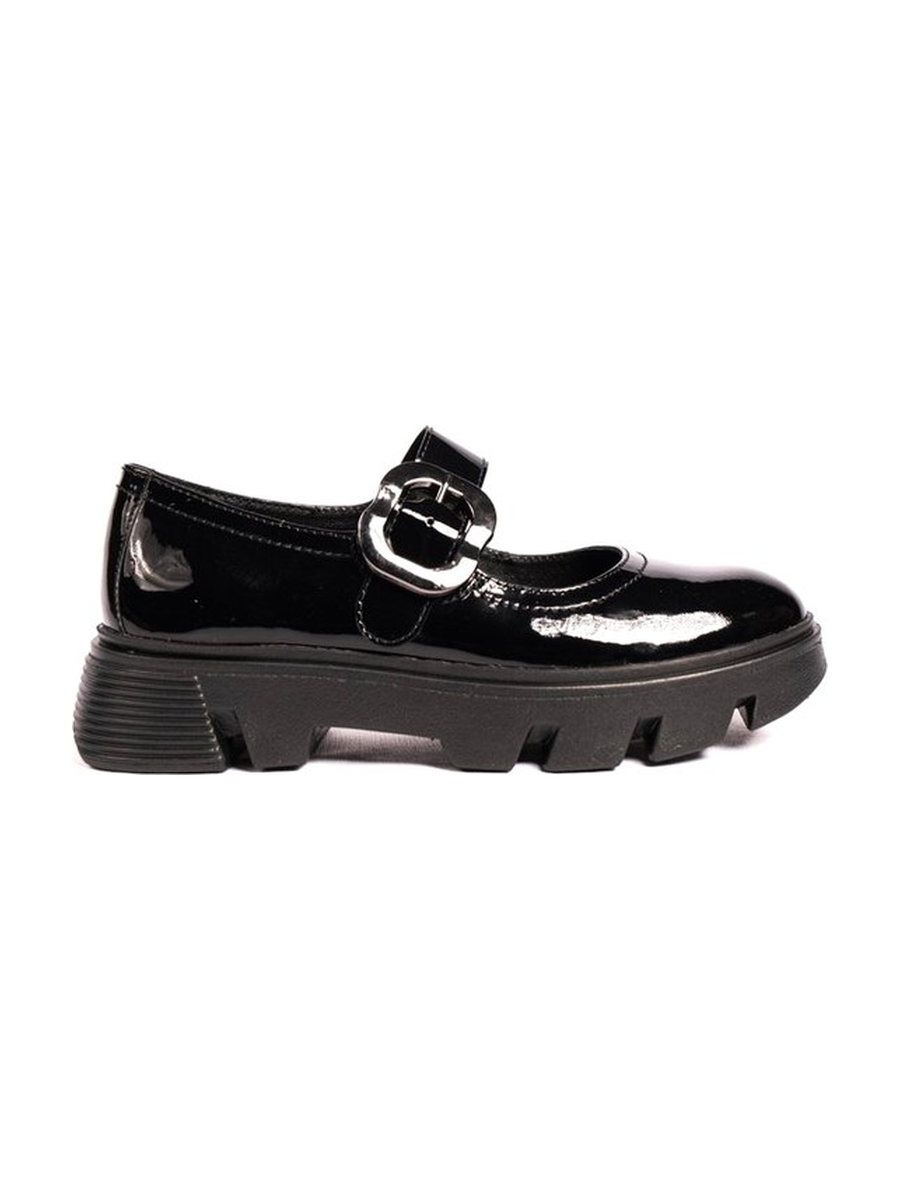 Black patent, buckle strap