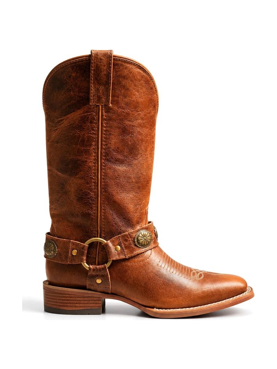 Cognac leather women’s cowboy boot with a harness strap