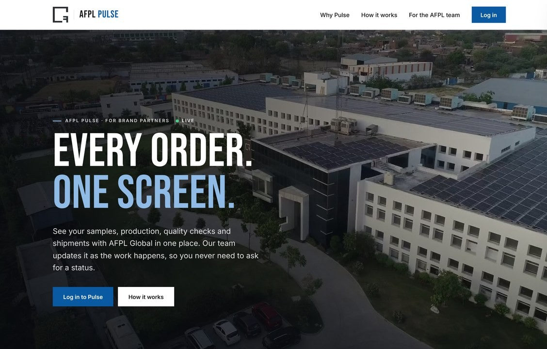Concept view of the AFPL Pulse home screen over an aerial view of the AFPL campus