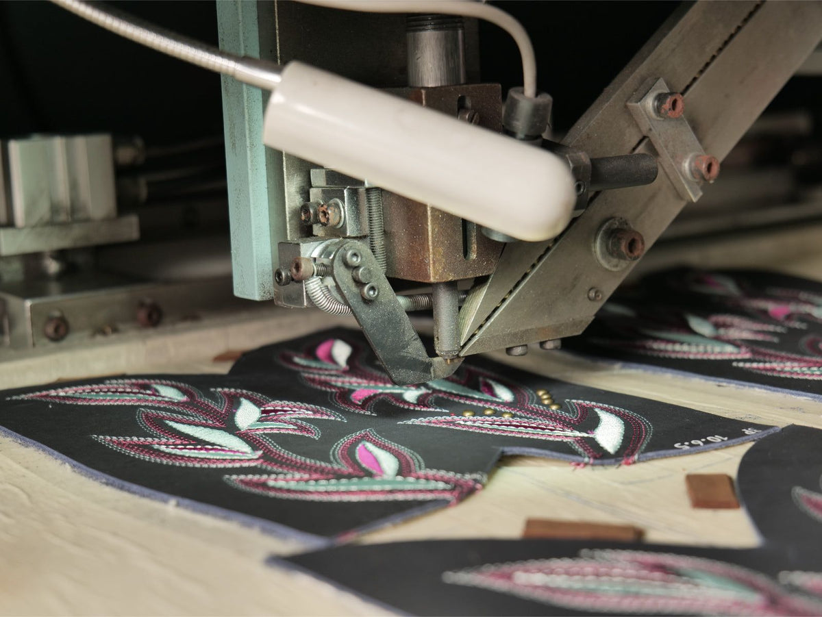 Close-up of finished multi-colour embroidery on Western shaft panels