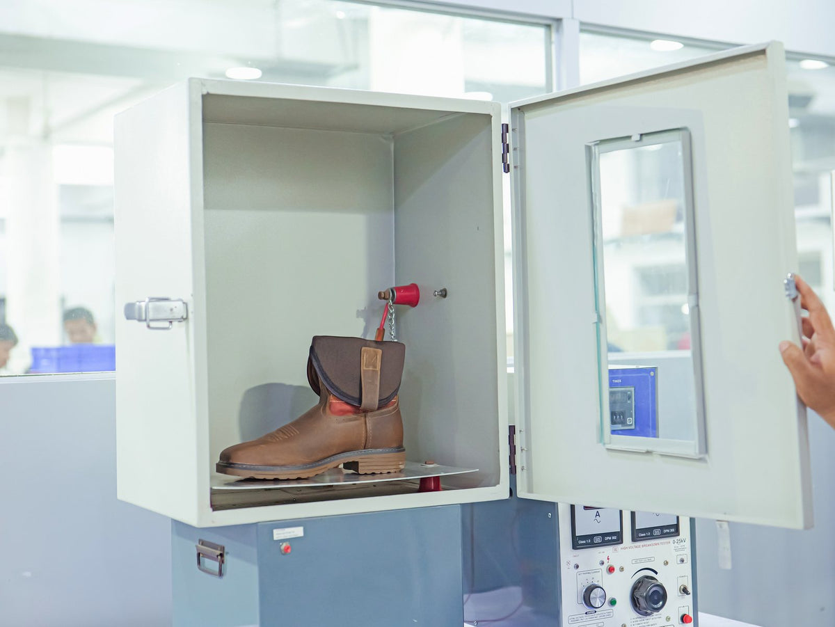 A finished work boot in a laboratory test chamber