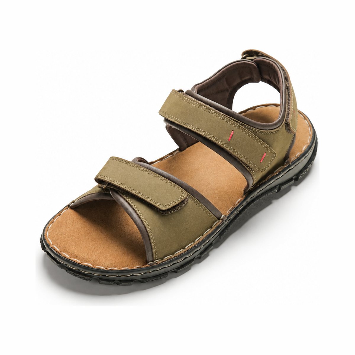 Olive and tan leather sandal with hook-and-loop straps