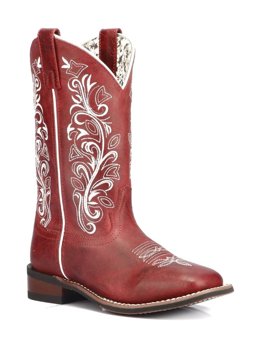 Red, white scroll stitching