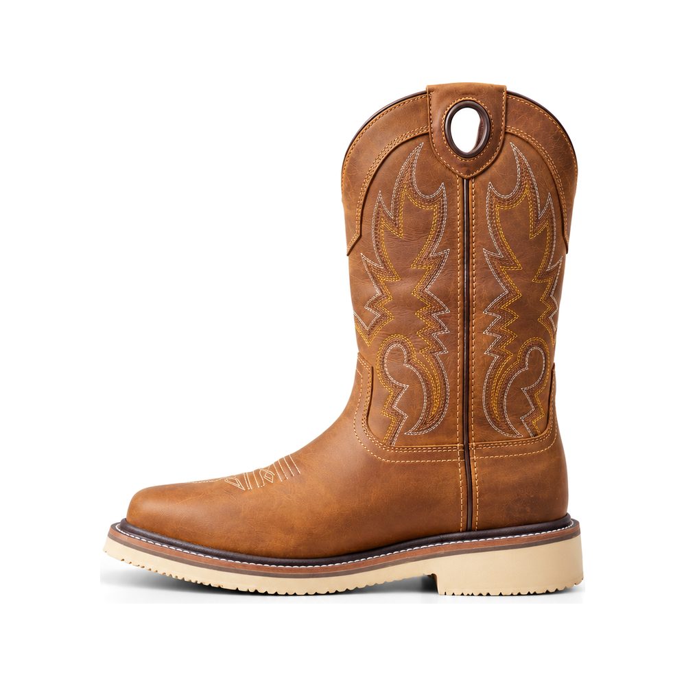 A square-toe Western boot with a rubber sole