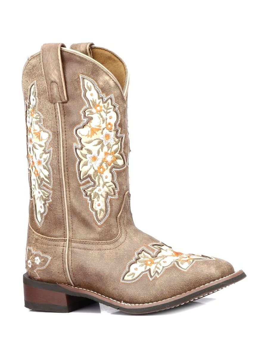 Tan, floral embroidery