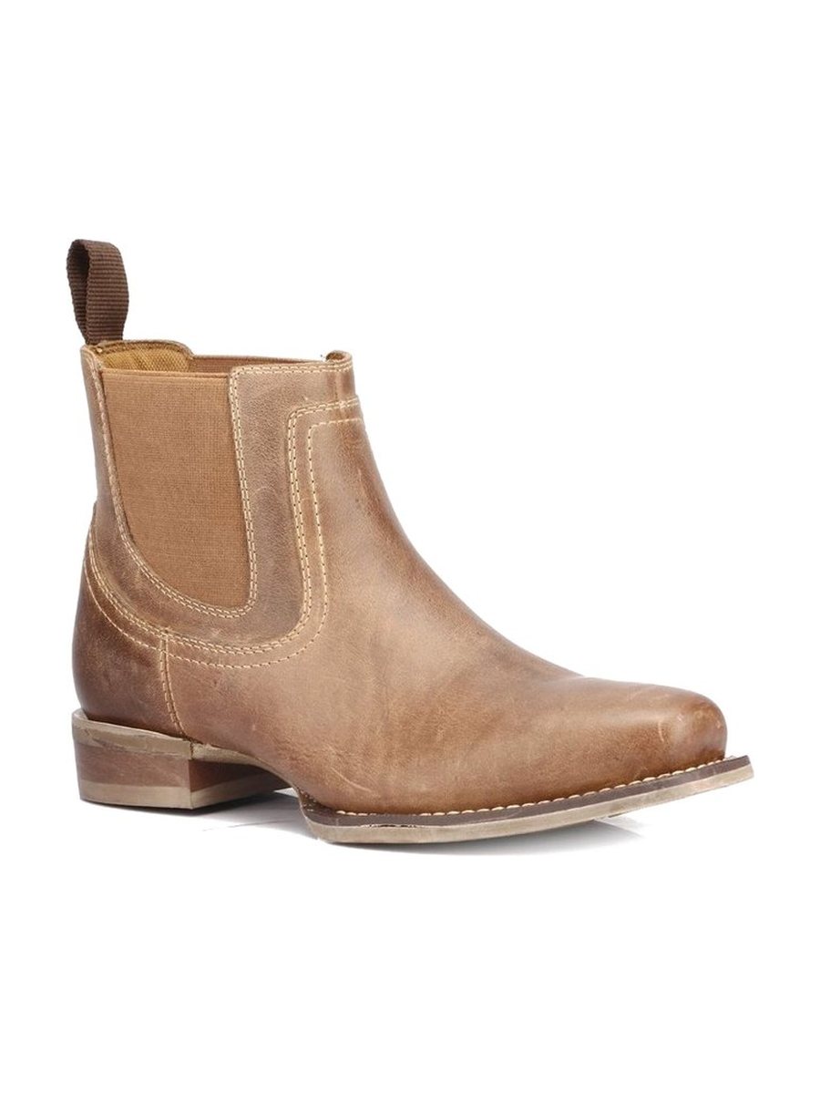 Tan leather, elastic gussets