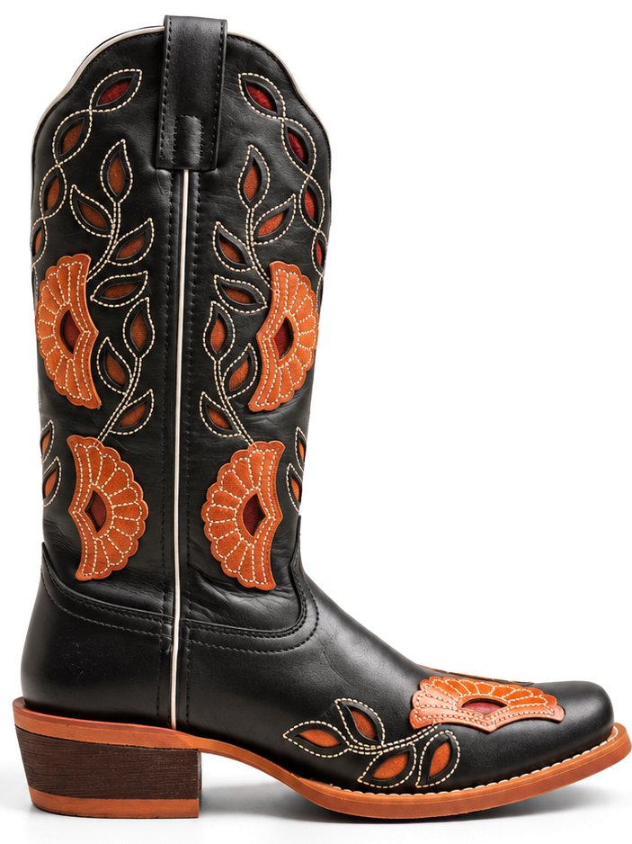 Black leather, floral inlay Goodyear welted Western boot made by AFPL