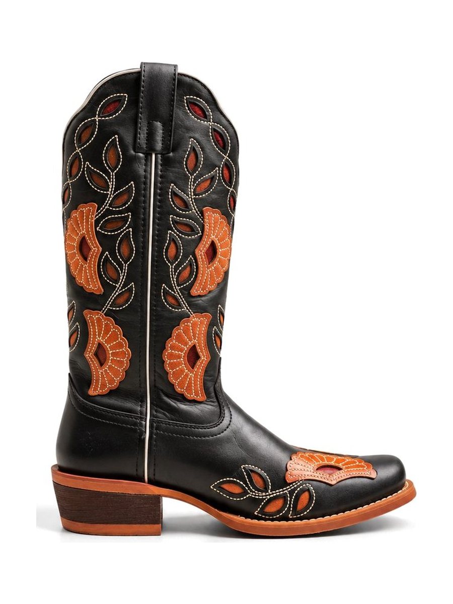 Black women’s cowboy boot with orange floral inlays