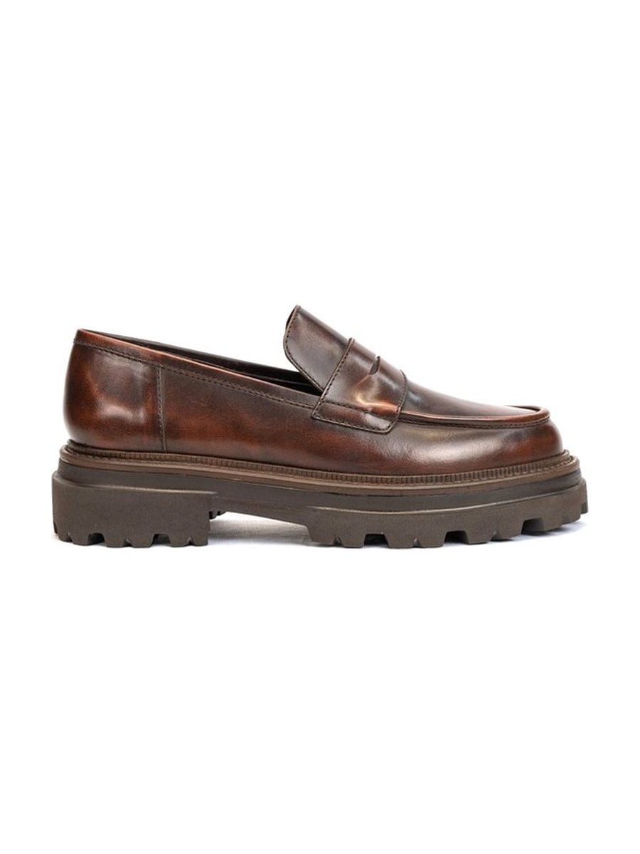 Brown penny loafer, lug sole