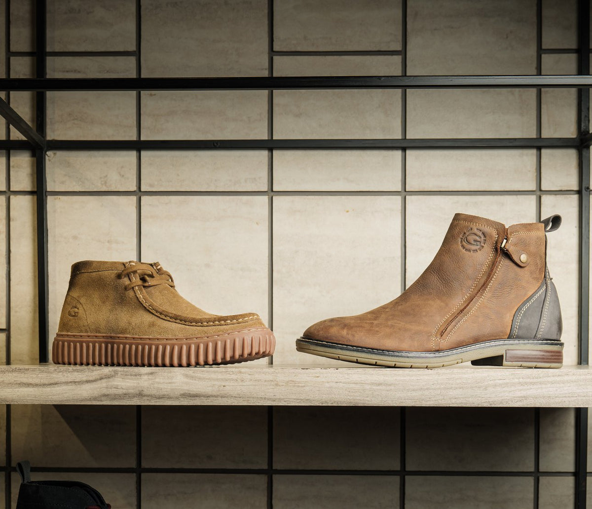 Two casual boots on a shelf in the AFPL sample store
