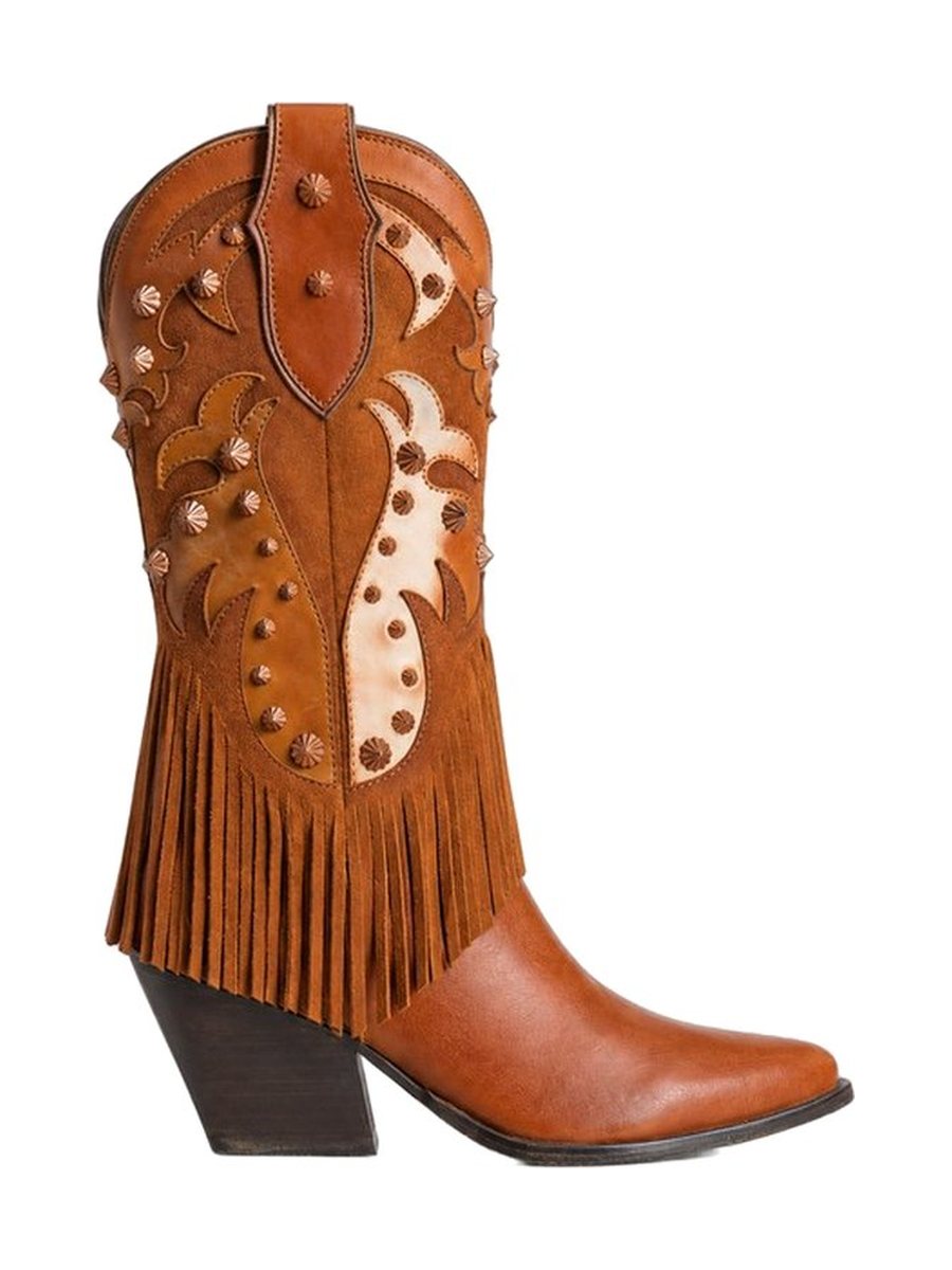 Cognac leather, studs and fringe