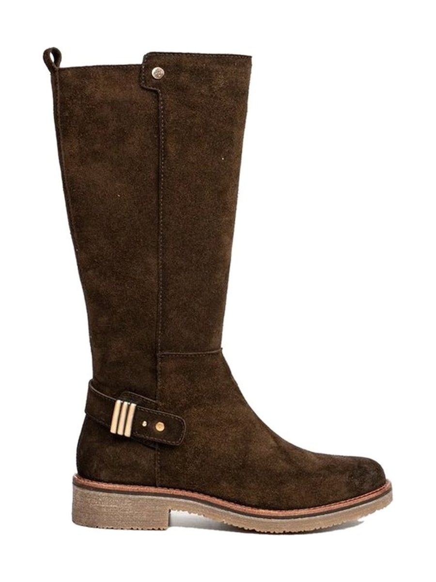 Dark brown suede, buckle tab
