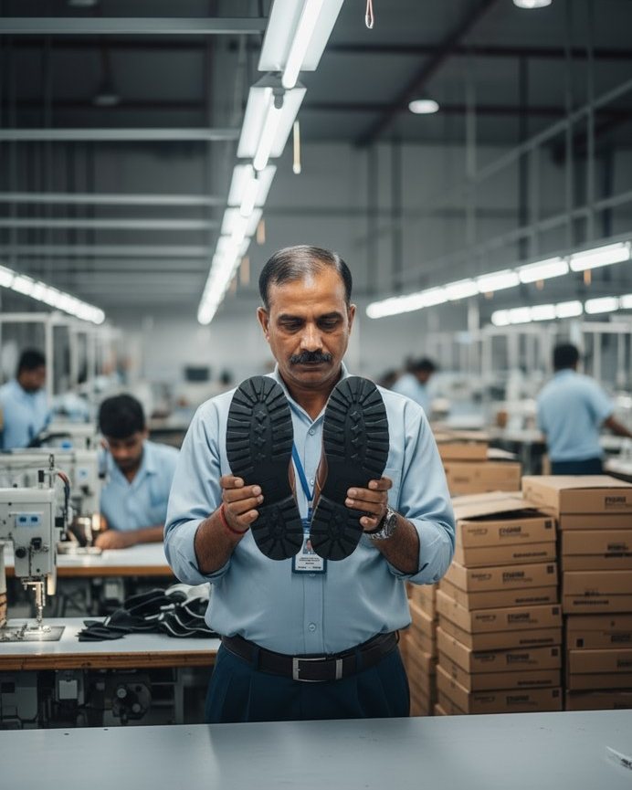 An AFPL inspector checking a finished pair on the production floor