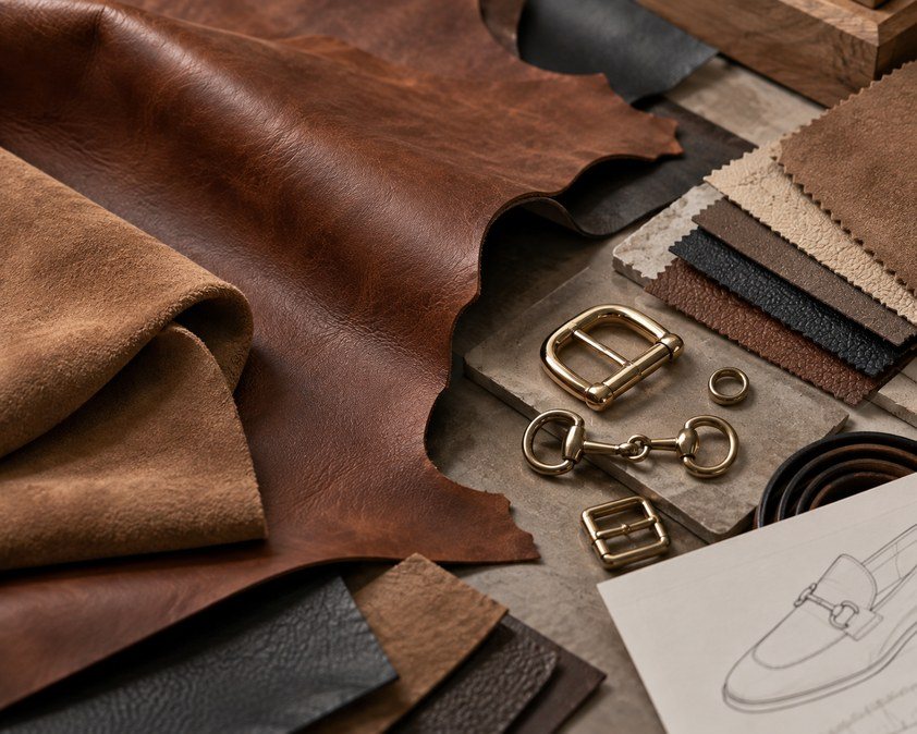 Leathers, suedes and buckles laid out with a design sketch