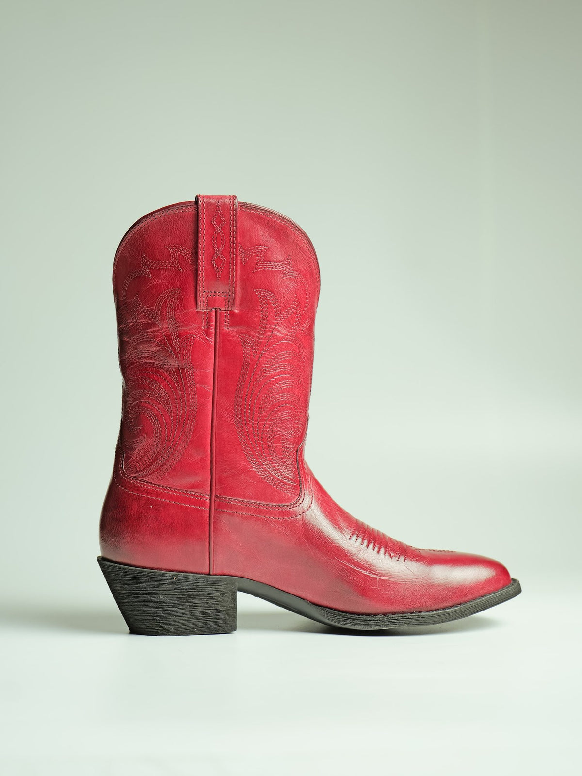 Red leather women’s Western boot with a bonded sole, made by AFPL