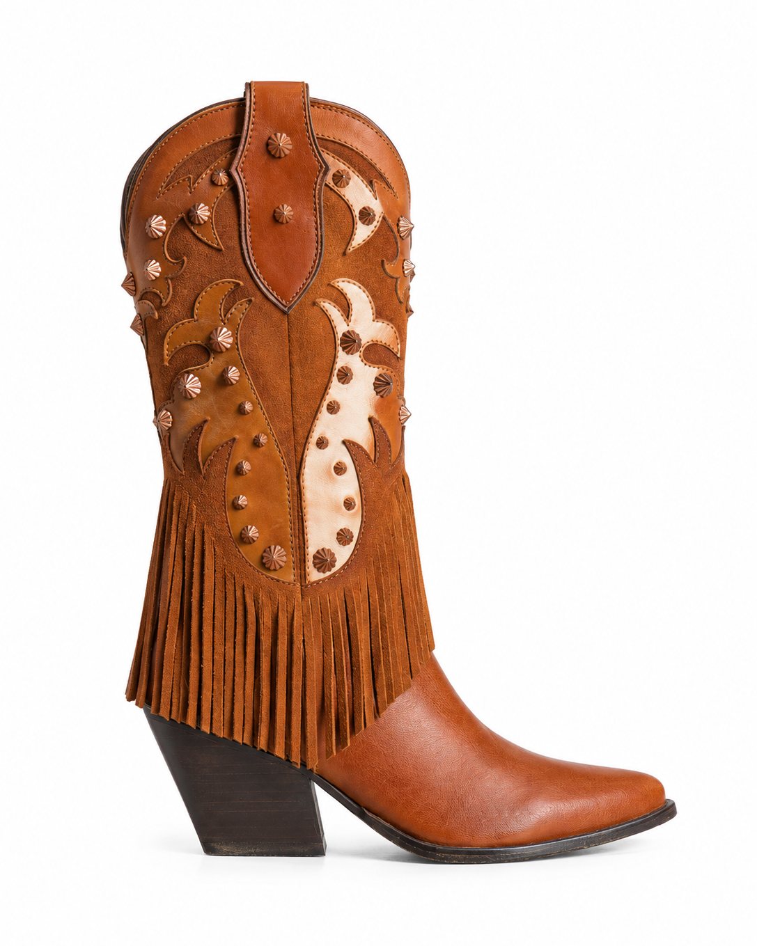 A studded, fringed women’s fashion boot