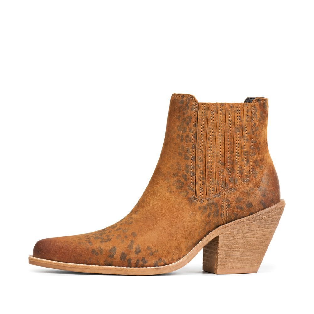 A suede ankle boot with a stacked block heel
