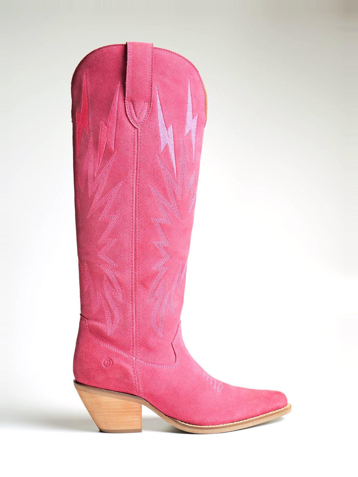 A tall pink suede Western boot with a stitched shaft