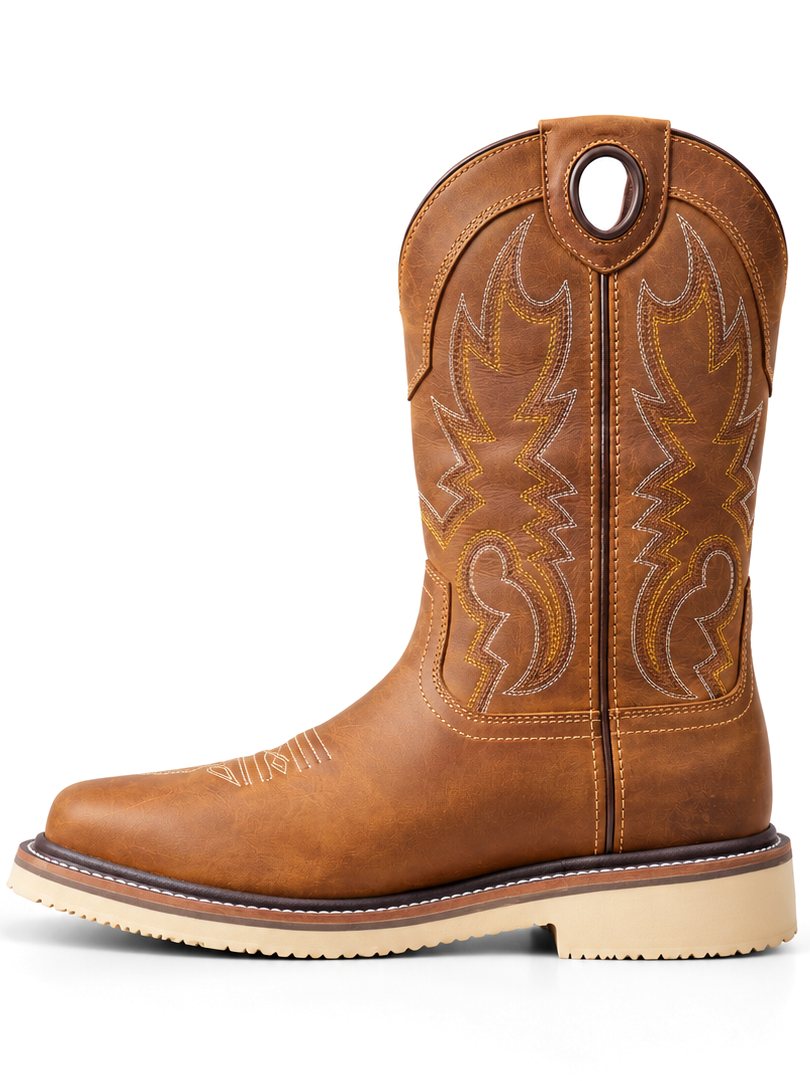 Tan leather men’s cowboy boot with a square toe, Goodyear welted