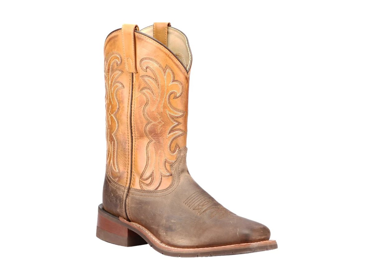 A tan leather work boot with a square toe