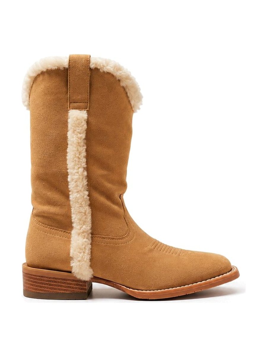 Tan suede women’s cowboy boot with a fur-trimmed shaft