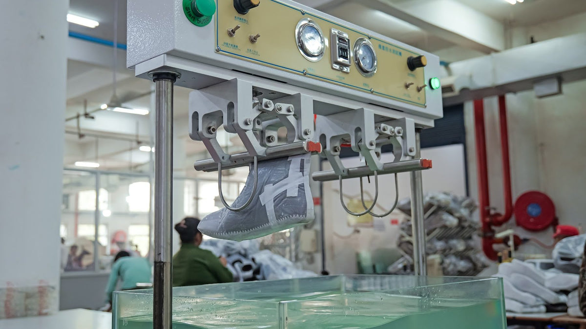 A waterproof upper lifted from the water-resistance test tank