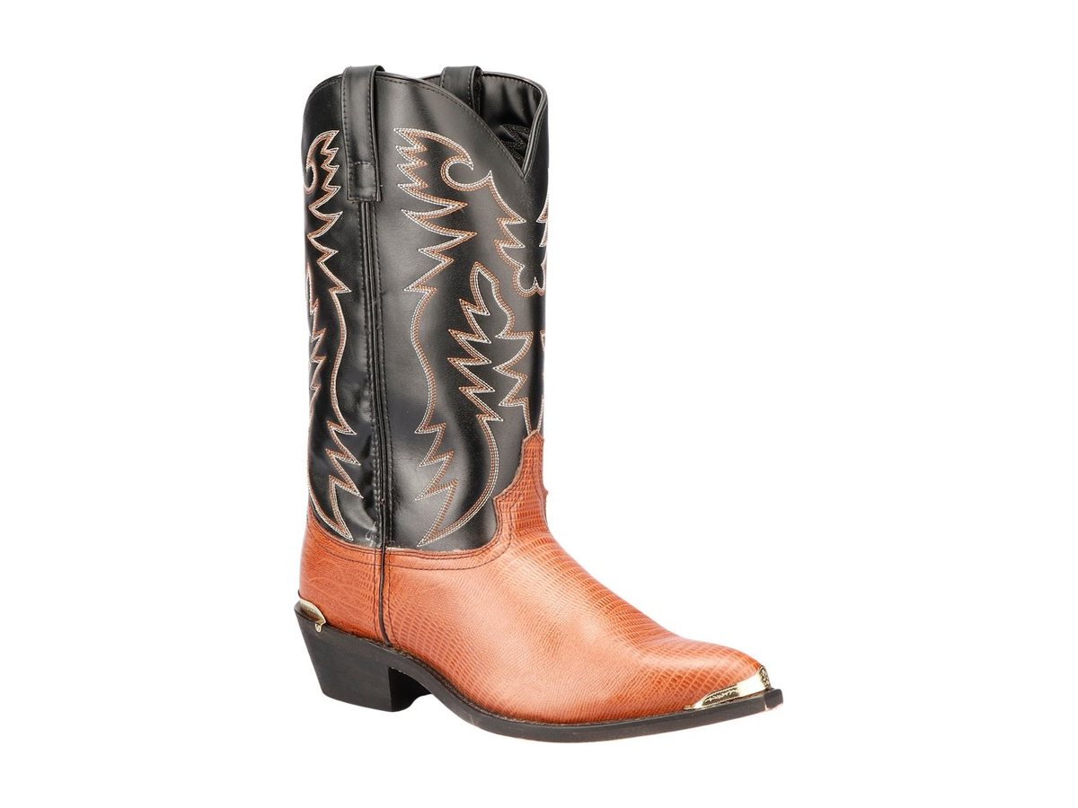 A Western boot with a black embroidered shaft and a tan lizard-print foot