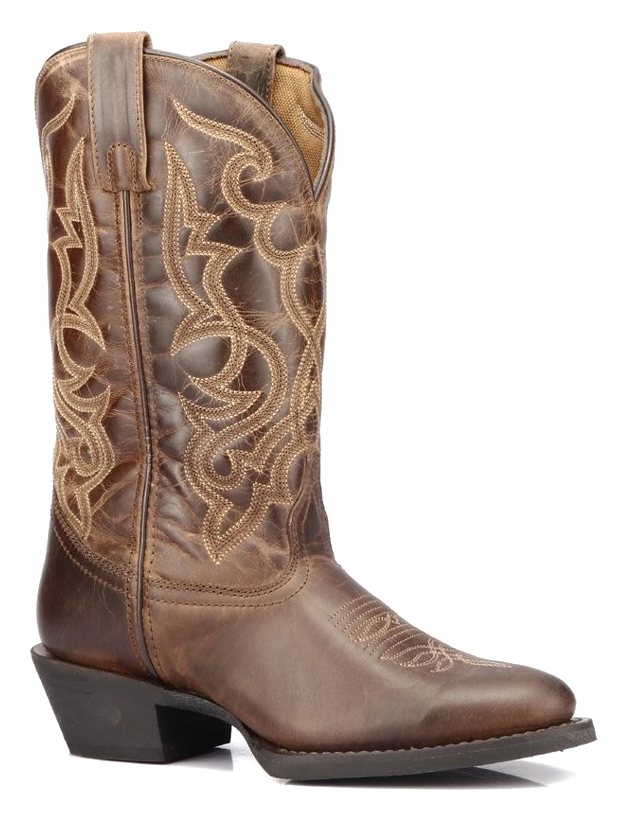 Brown cowboy boot with an embroidered shaft, side view
